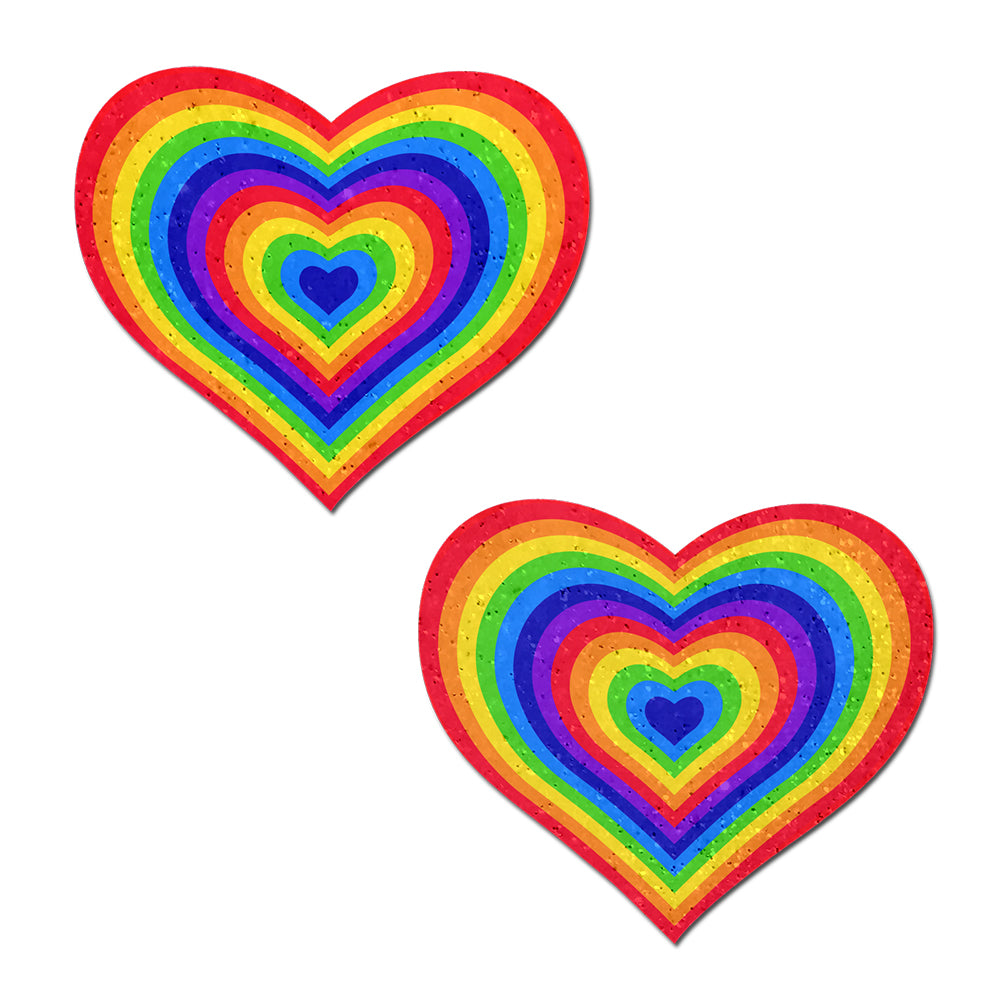 Pastease Love Velvet Rainbow Pumping Heart Nipple Pasties feature vibrant rainbow heart designs.