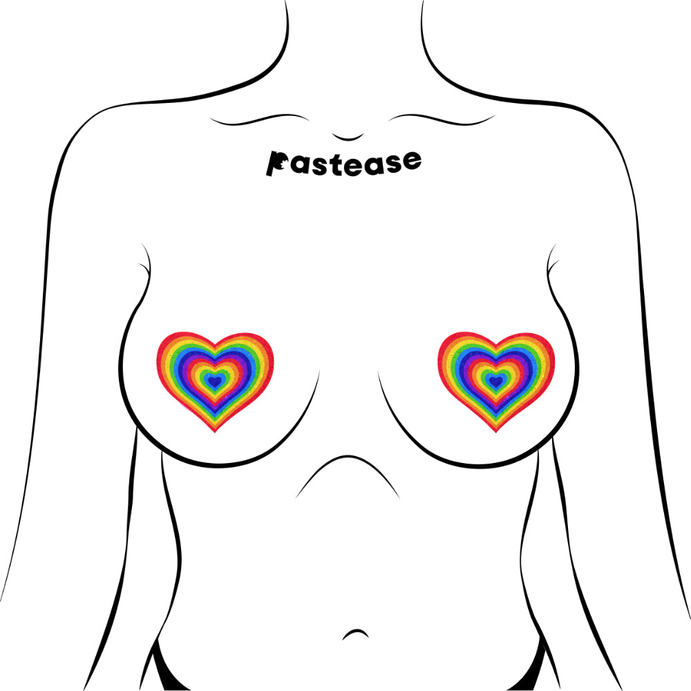 Pastease Love Velvet Rainbow Pumping Heart Nipple Pasties featured on a minimalist illustration of a person.