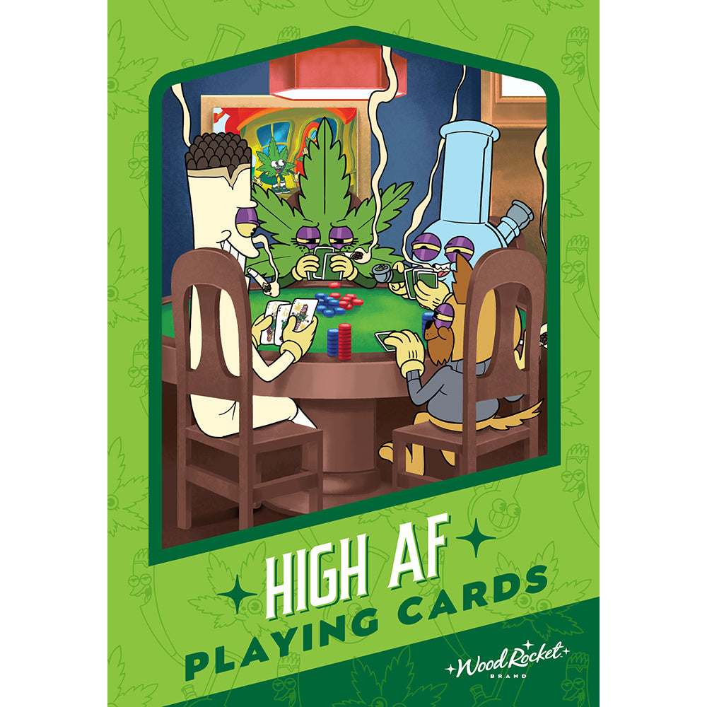 Wood Rocket High AF Playing Cards featuring cartoon characters playing at a poker table with stoner imagery.