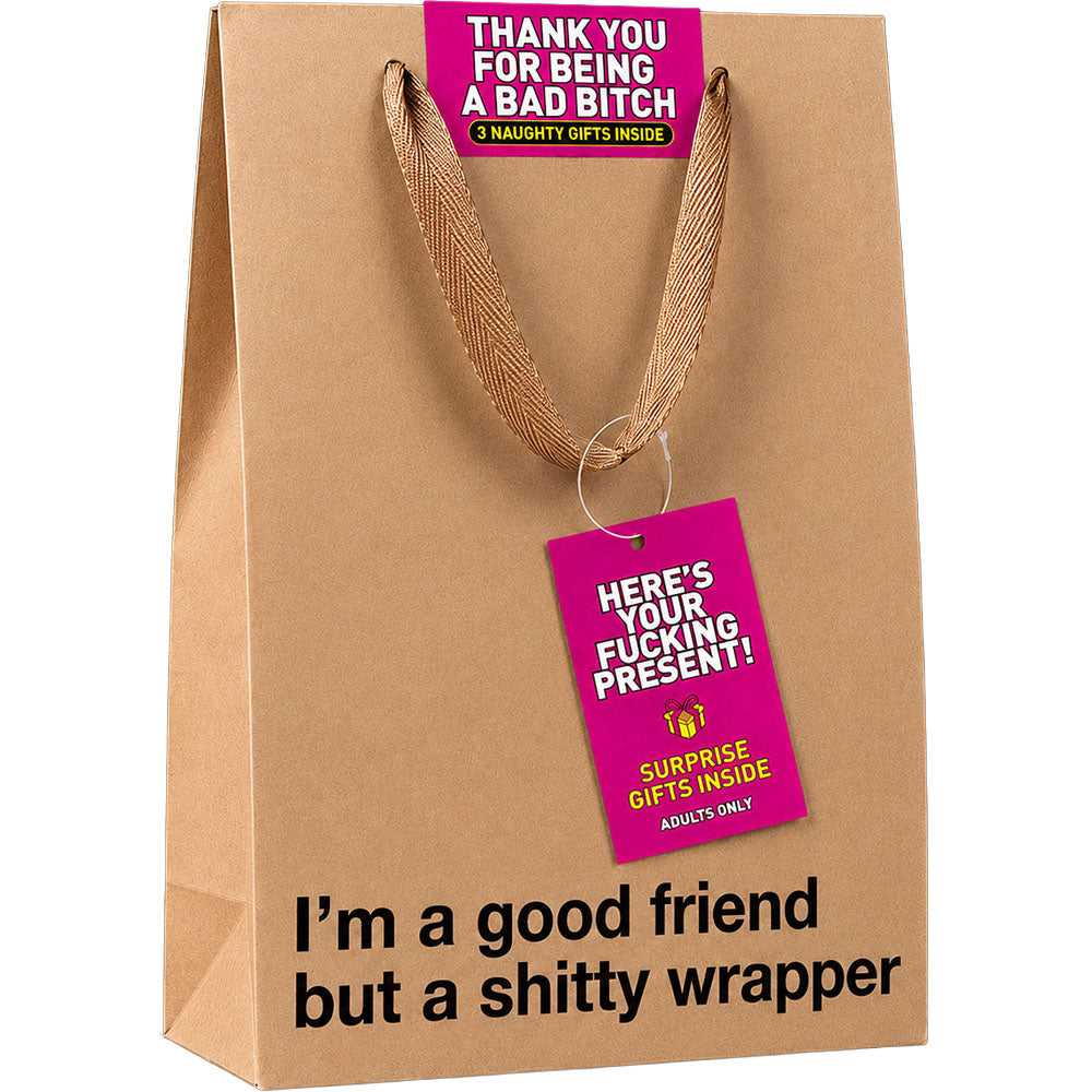 Thank You For Being A Bad Bitch Present gift bag with cheeky tags and playful messages.