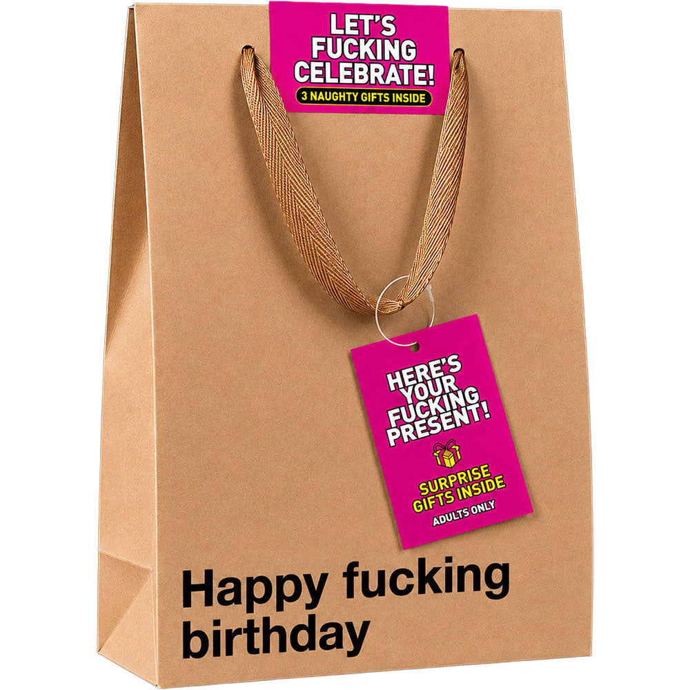 Wood Rocket Let's Fucking Celebrate Present Gift Bag with colorful tags for a cheeky celebration.