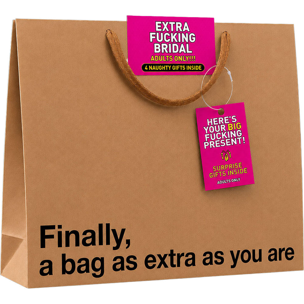 Wood Rocket Extra Fucking Bridal Big Present Gift Bag with humorous tags for bridal events.