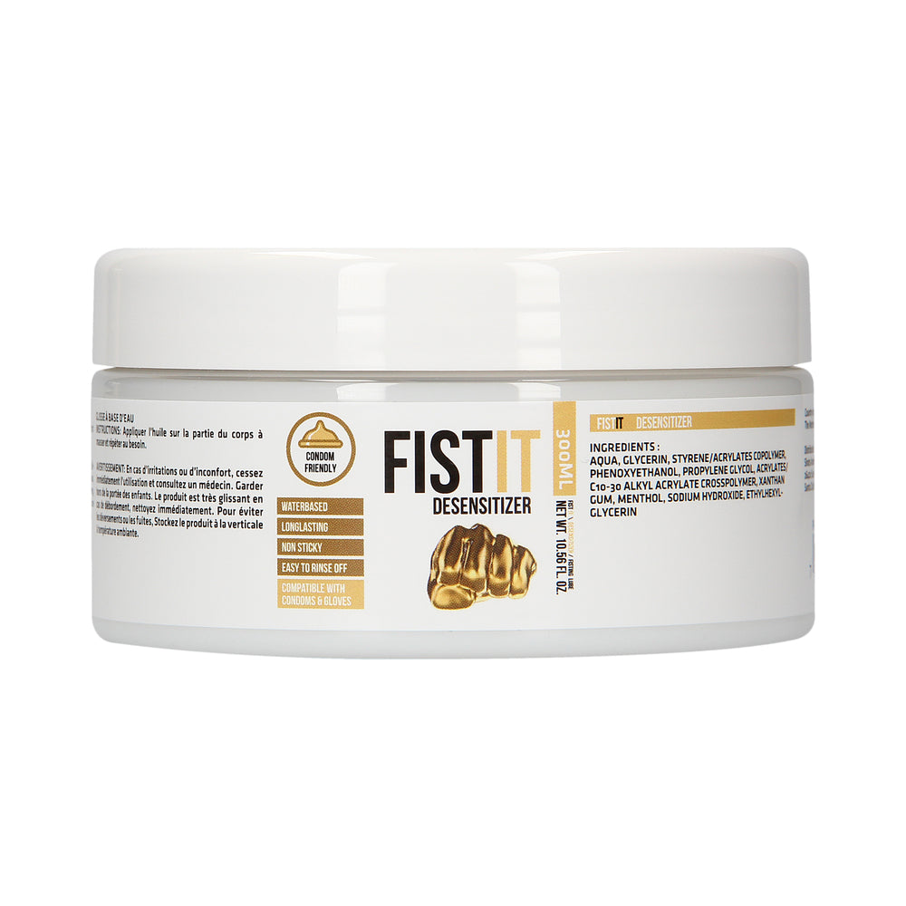 Fist It Numbing Water-Based Fisting Lube 300 ml container showing product information and ingredients.