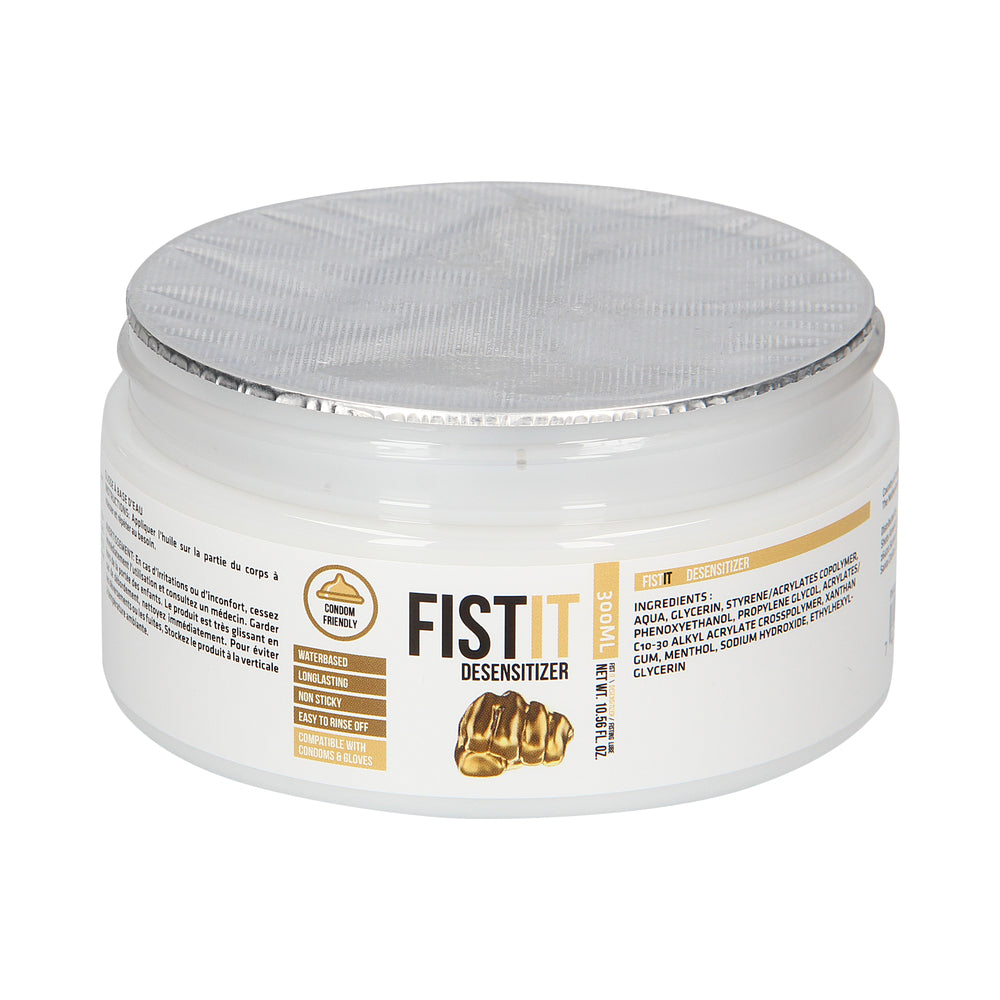 Fist It Numbing Water-Based Fisting Lube 300 ml in a round jar with a silver lid for intimate use and comfort.