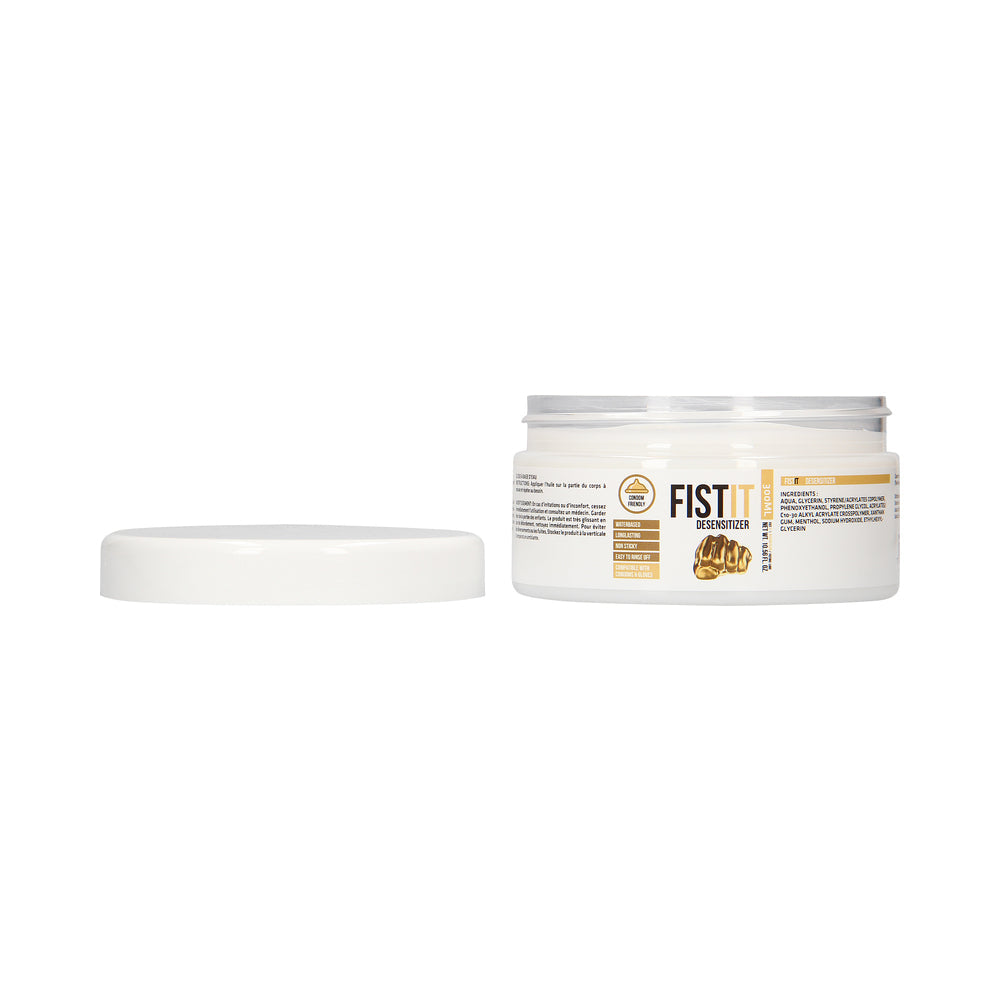Fist It Numbing Water-Based Fisting Lube 300 ml jar with open lid showcasing product details.