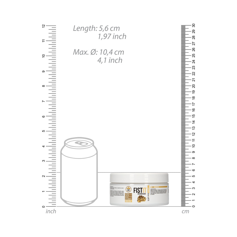 Fist It Numbing Water-Based Fisting Lube 300 ml displayed with size reference next to a can.
