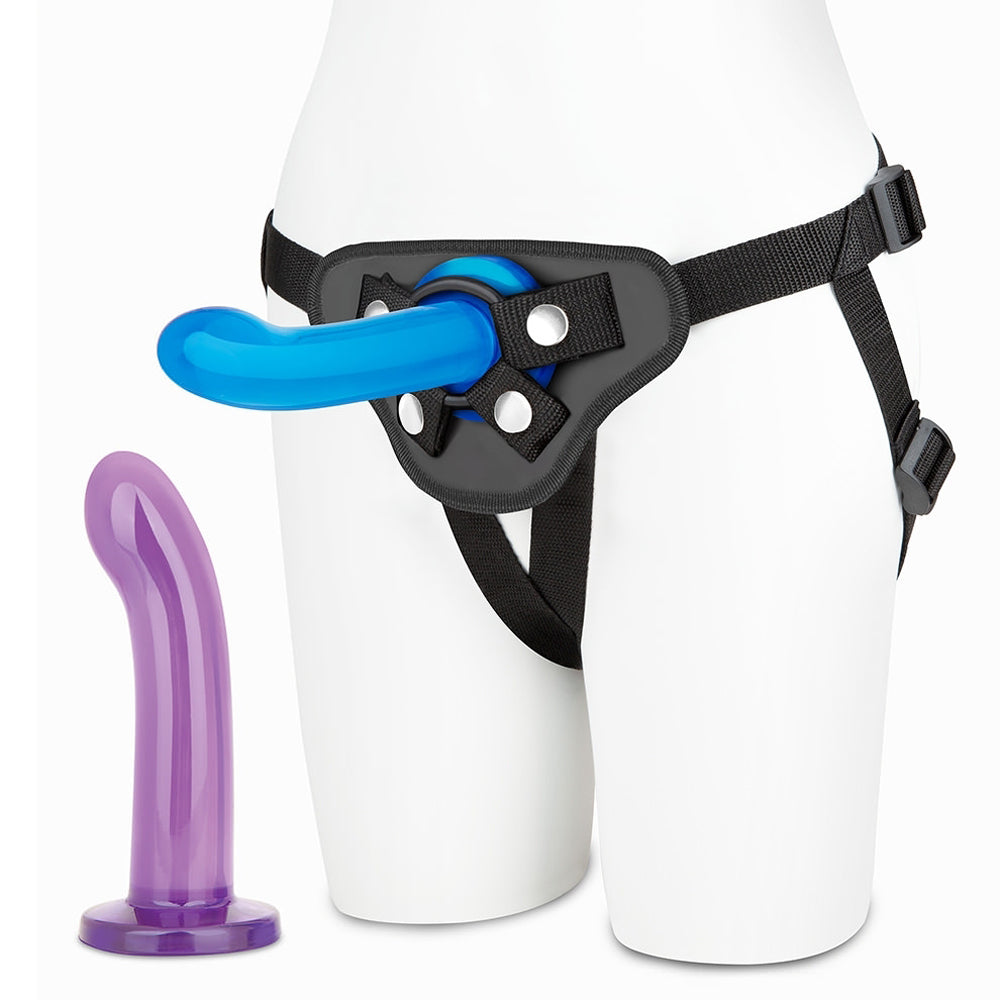 Lux Fetish 3-Piece Beginners Strap-On & Pegging Set featuring adjustable harness and smooth dildos.