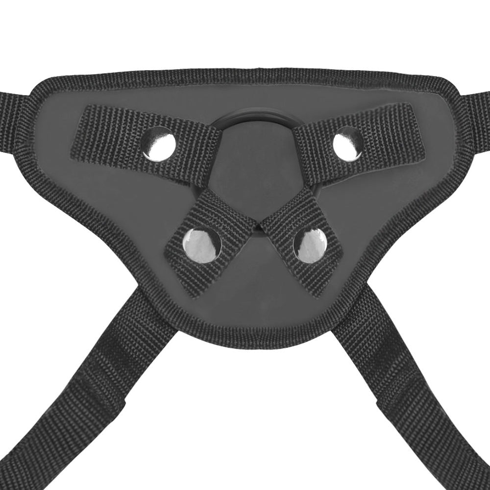 Lux Fetish 3-Piece Beginners Strap-On & Pegging Set adjustable harness close-up view.