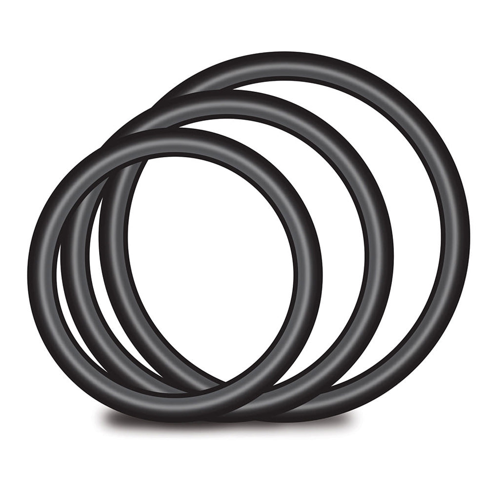 Lux Fetish 3-Piece Beginners Strap-On & Pegging Set includes three black rings for comfort and support during play.