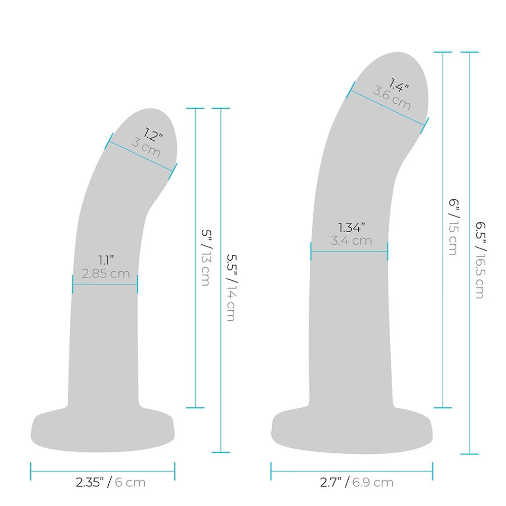 Dimensions and measurements of Lux Fetish 3-Piece Beginners Strap-On & Pegging Set dildos.