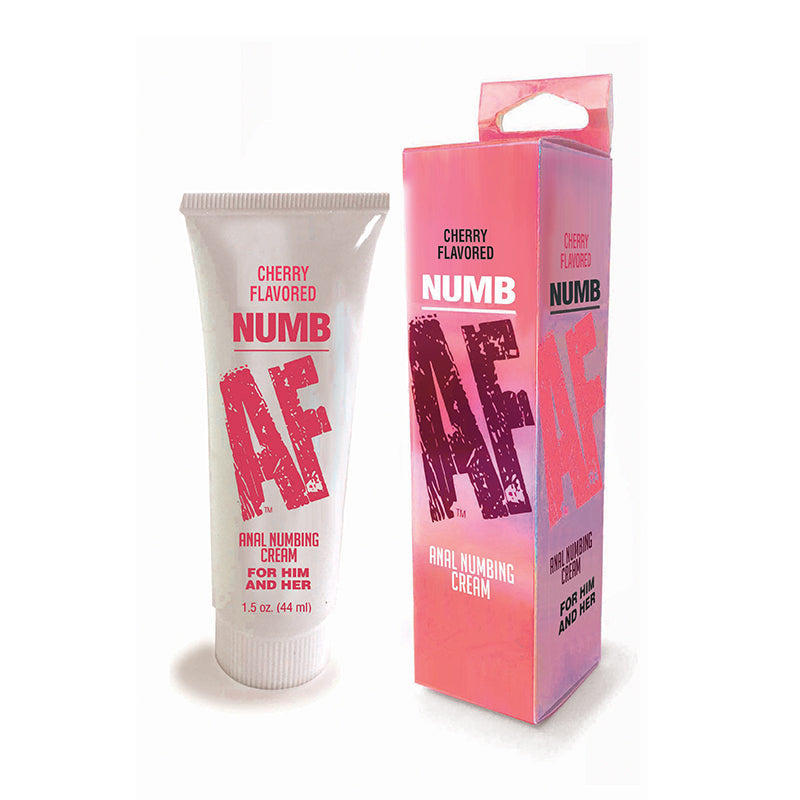Numb AF Cherry Flavored Anal Numbing Cream 1.5 Oz packaging and tube, designed for comfort during intimate moments.