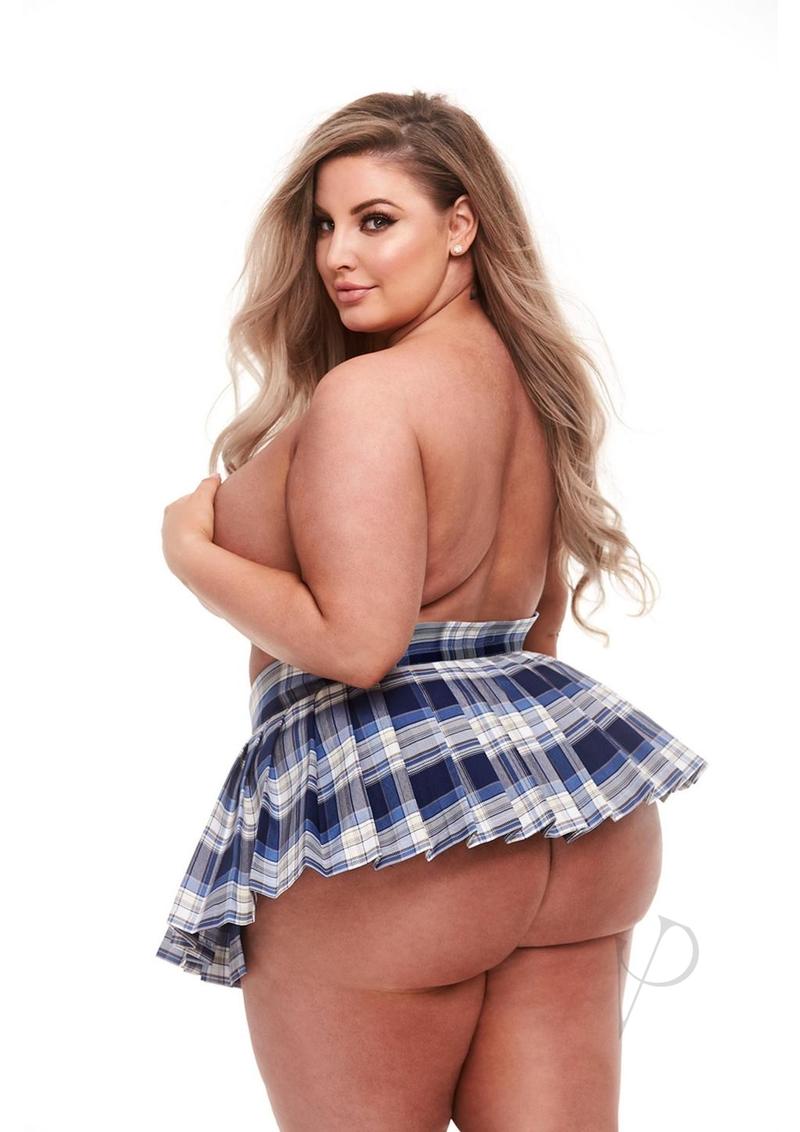 Teacher's Pet Standard Plaid Schoolgirl Skirt XLarge Blue showcased in a playful, flirty style with a blue plaid design.