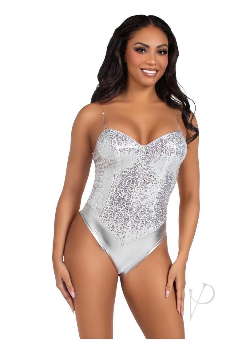 Leg Avenue Sequin Boned Snap Crotch Bodysuit Small Silver worn by a model with a shiny sequined design.
