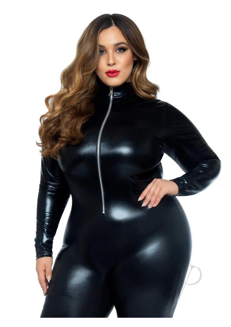 Leg Avenue Lame Zipper Front Cat Suit 1X/2X Black model in a sleek black wet-look catsuit with a zipper front.