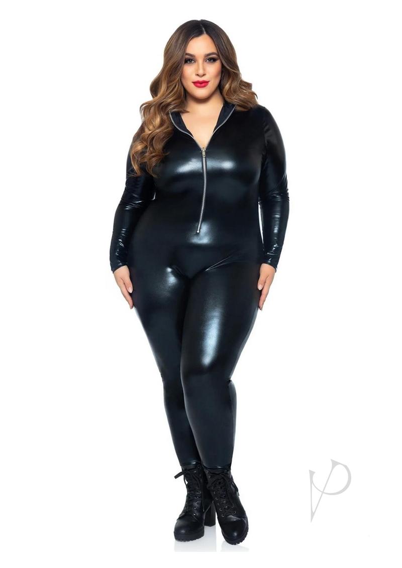 Leg Avenue Lame Zipper Front Cat Suit 1X/2X Black model showcasing a sleek, form-fitting black catsuit.