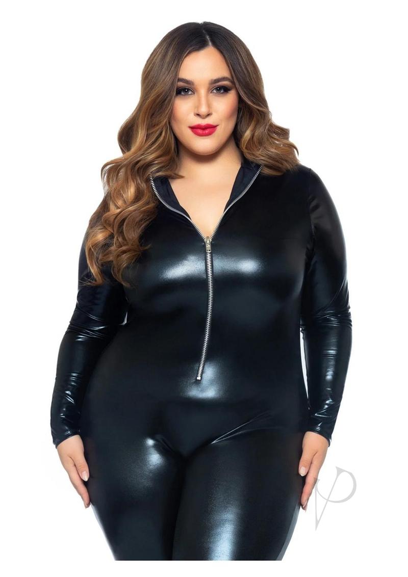 Leg Avenue Lame Zipper Front Cat Suit 3X/4X Black model showcasing the sleek faux leather finish and plunging zipper.