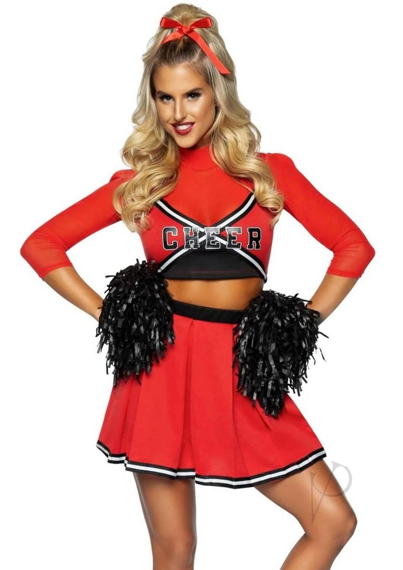 Leg Avenue Varsity Babe 3 Piece Cheerleader Costume M/L Red model wearing crop top and skirt with pom poms.