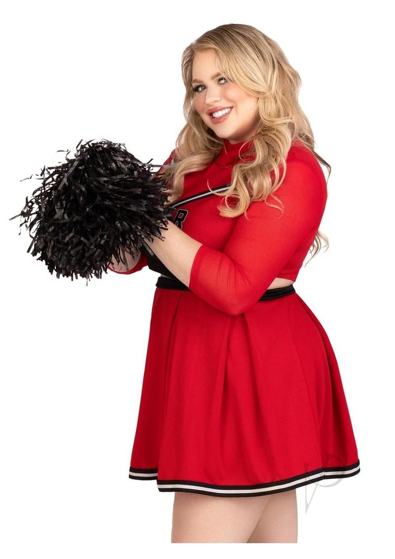 Leg Avenue Varsity Babe 3 Piece Costume Set 1X/2X Red worn by a smiling woman holding pom poms.