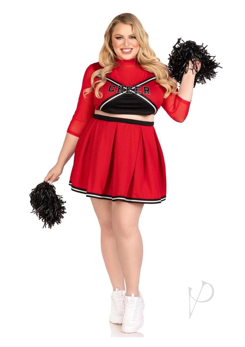 Leg Avenue Varsity Babe 3 Piece Costume Set 1X/2X Red with cheer logo crop top, pleated skirt, and pom poms.