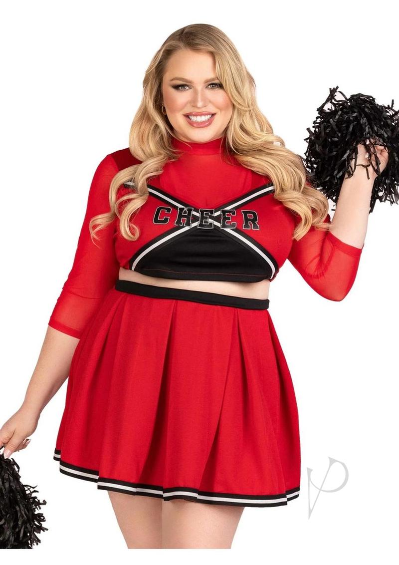 Leg Avenue Varsity Babe 3 Piece Cheer Costume 3X/4X Red worn by a smiling woman holding pom poms.