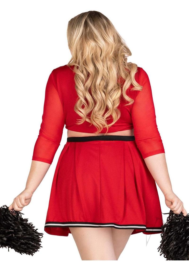 Leg Avenue Varsity Babe 3 Piece Cheer Costume 3X/4X Red back view with pleated skirt and pom poms.