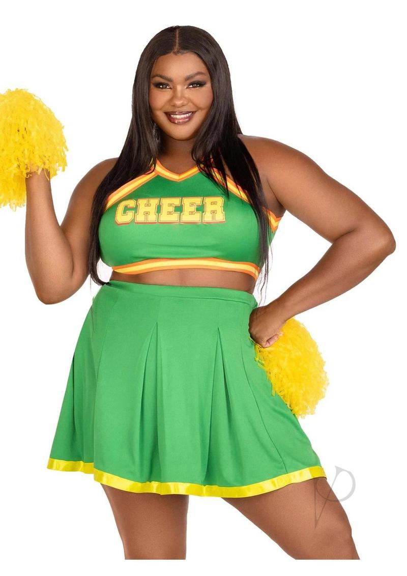 Leg Avenue Bring It Baddie Cheerleader Costume 1X/2X Green featuring a cheer top and pleated skirt with pom poms.