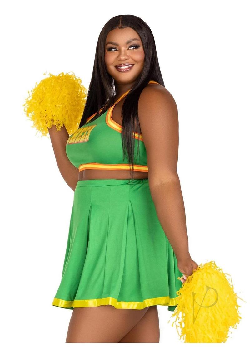 Leg Avenue Bring It Baddie Cheer Costume Set 3X/4X Green model wearing green cheer outfit with pom poms.