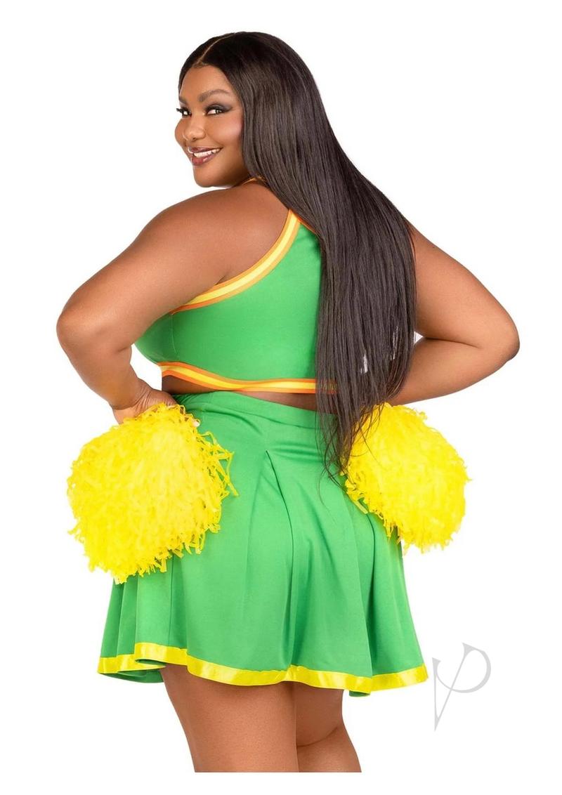 Leg Avenue Bring It Baddie Cheer Costume Set 3X/4X Green featuring a model with pom poms and a pleated skirt.