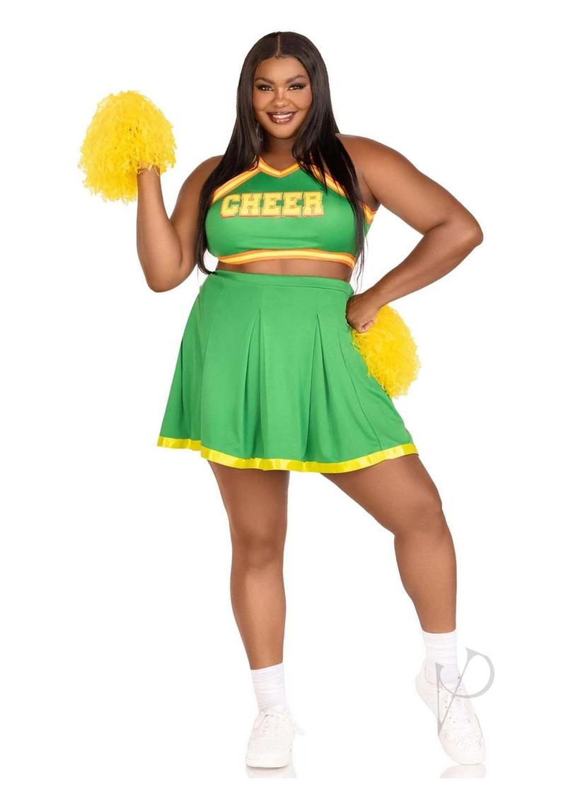 Leg Avenue Bring It Baddie Cheer Costume Set 3X/4X Green with cheer logo top, pleated skirt, and pom poms.