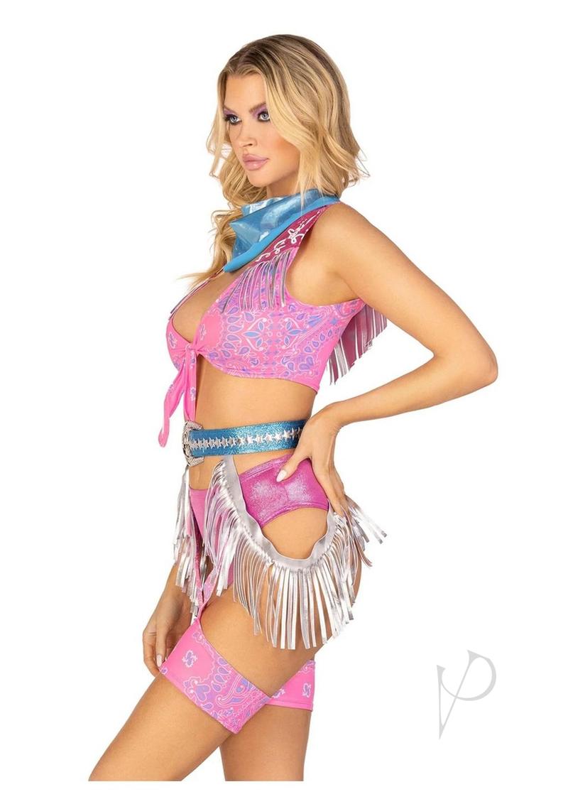 Leg Avenue Space Cowgirl 4 Piece Costume Small Multicolor worn by a model showcasing the vibrant design.