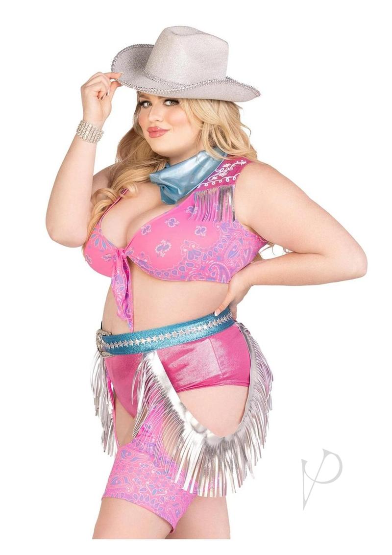 Model wearing Leg Avenue Space Cowgirl 4 Piece Costume 3X/4X Multicolor with hat and accessories.