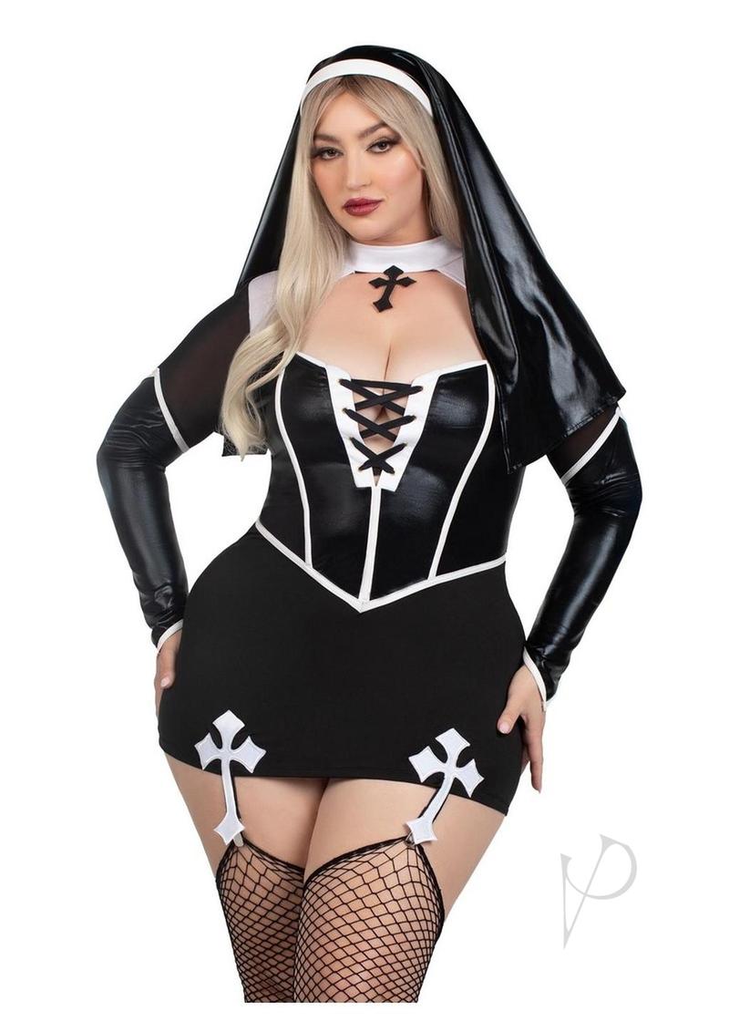 Leg Avenue Holy Hottie Nun Garter Dress Set 3X/4X Black showcased on a model wearing a provocative two-piece outfit.