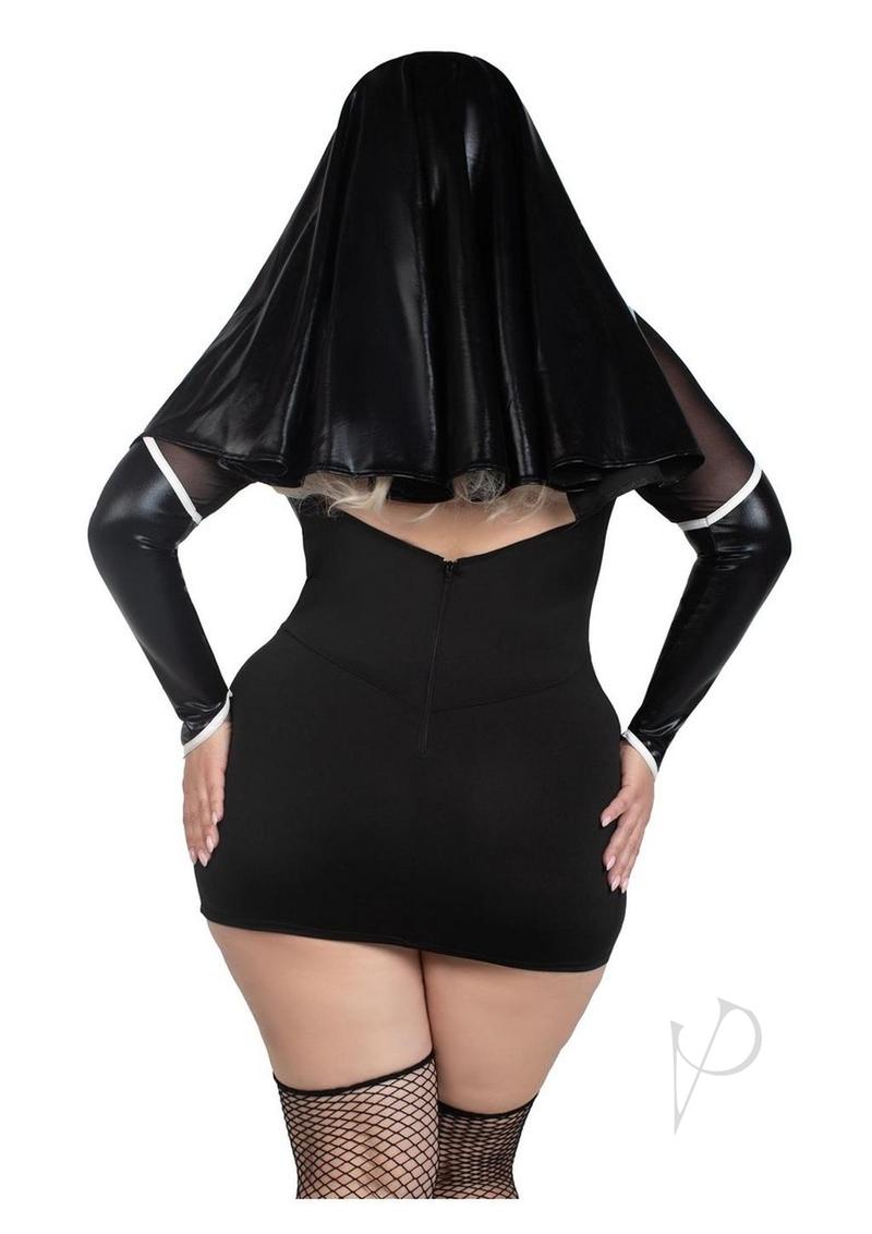 Leg Avenue Holy Hottie Nun Garter Dress Set 3X/4X Black back view showcasing the nun habit and fitted dress.