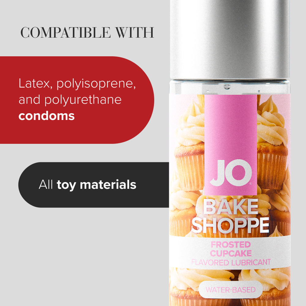 JO Bake Shoppe Frosted Cupcake Lubricant 2 Oz compatible with latex, polyisoprene, polyurethane condoms, and all toy materials.