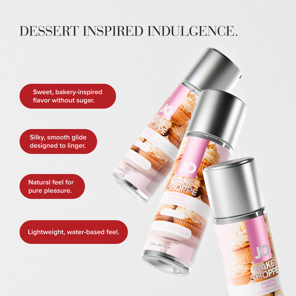 JO Bake Shoppe Frosted Cupcake Lubricant 2 Oz, dessert-inspired personal lubricant with smooth glide and sweet flavor.