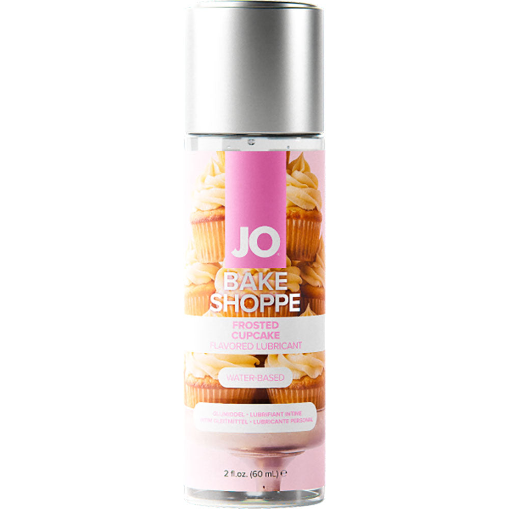 JO Bake Shoppe Frosted Cupcake Lubricant 2 Oz bottle featuring cupcake design and water-based formula.