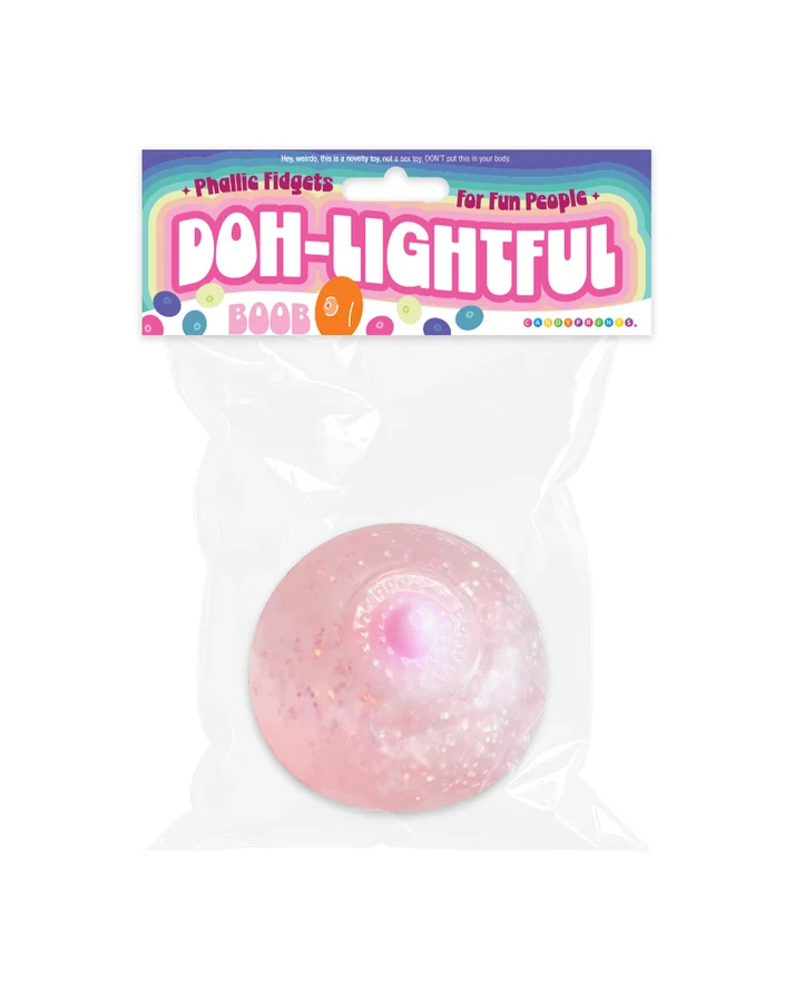Little Genie Doh-Lightful Boob Squishy Fidget Toy in clear packaging with colorful label for stress relief.