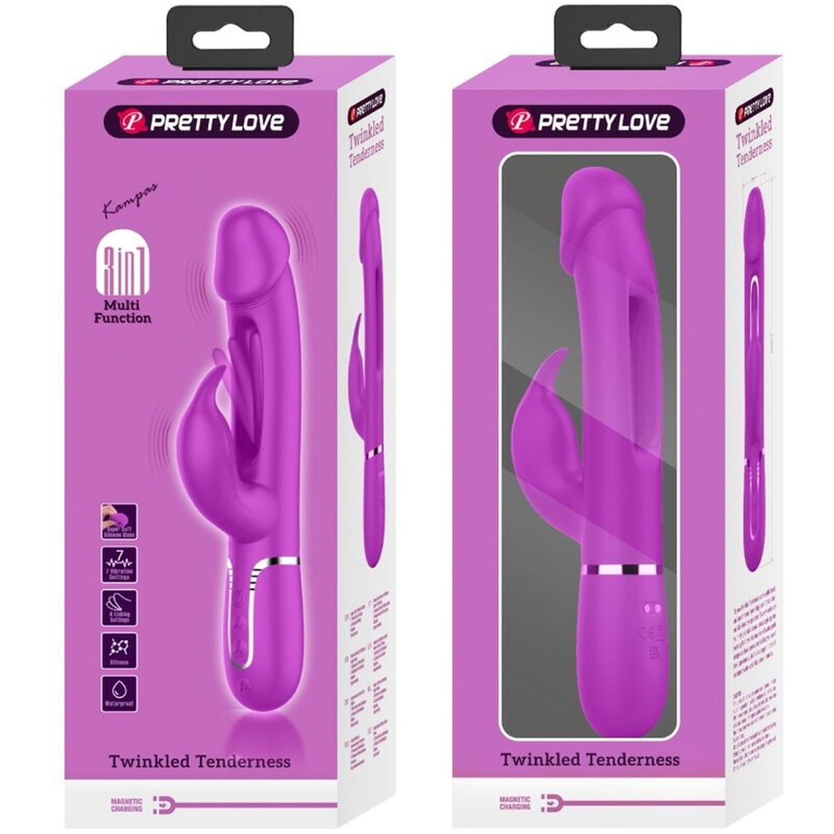 Pretty Love Kampas Flicking Rabbit Vibrator Fuchsia packaging showcasing dual motors and flicking functions.