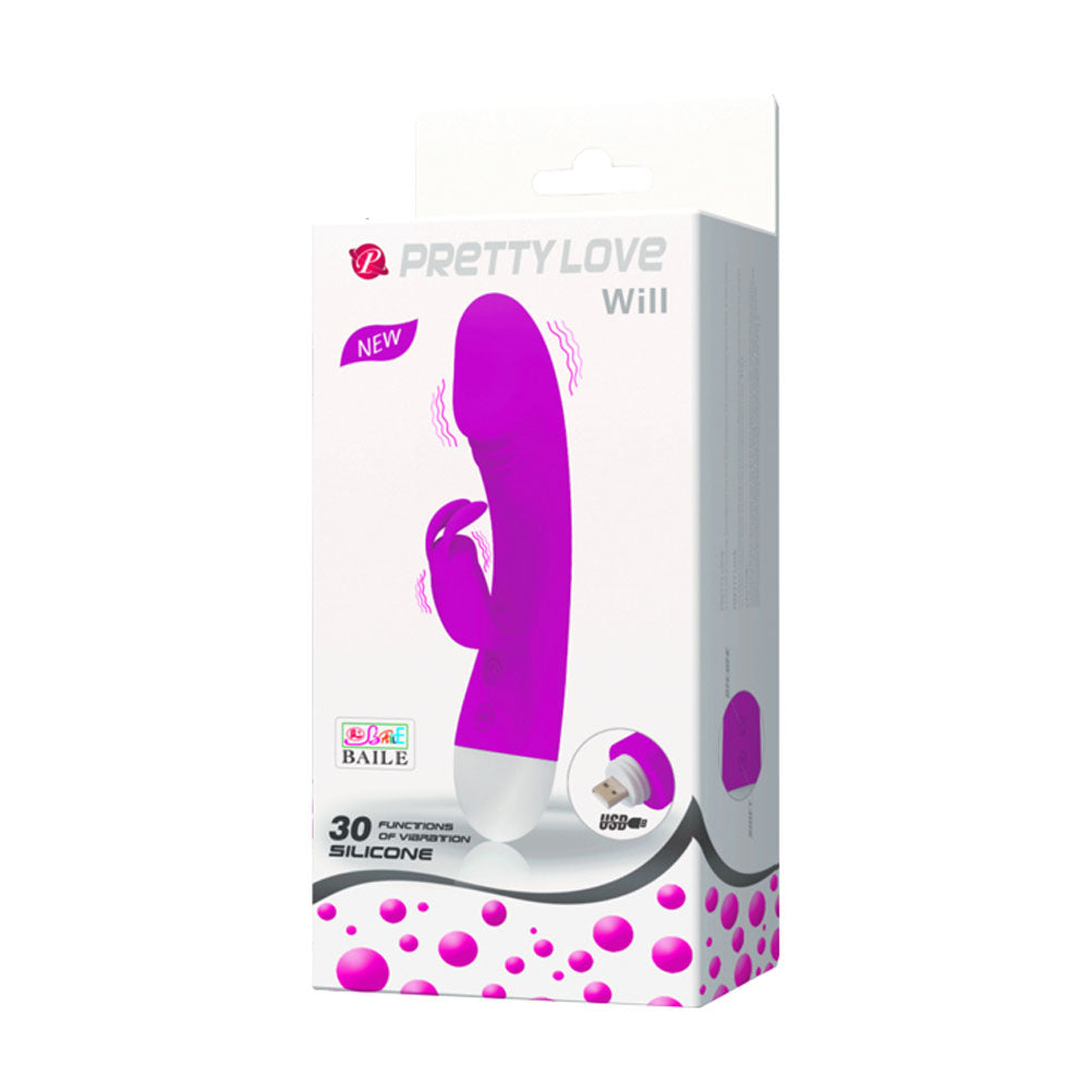 Pretty Love Will 30 Function Rabbit Style Vibrator packaging showcasing its sleek silicone design and features.