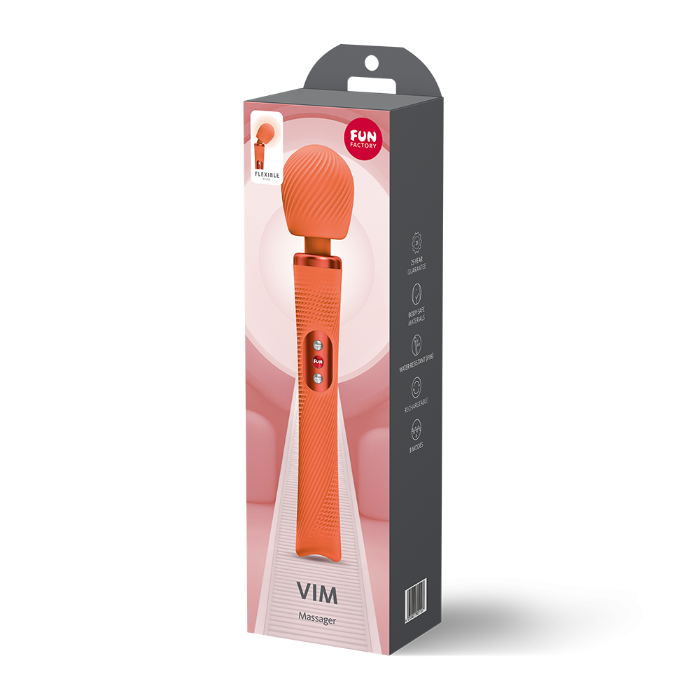 Fun Factory Vim Wand Massager Orange packaging showcasing its design and features for pleasure and relaxation.