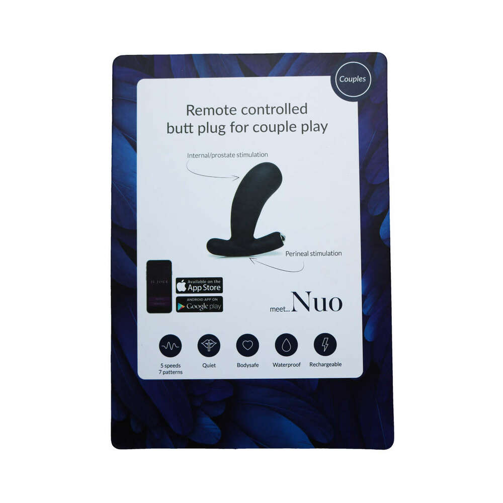 Je Joue Nuo V 2 App-Compatible Anal Plug Black featured on packaging with remote and app compatibility.