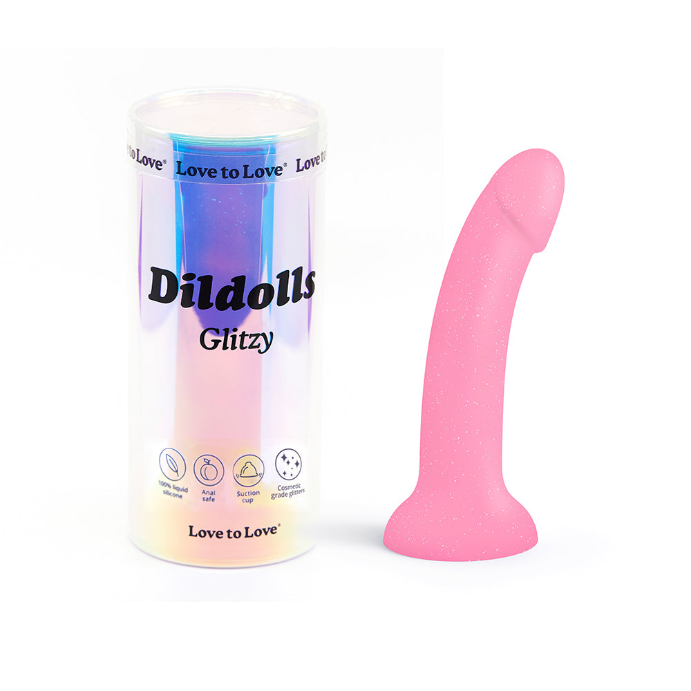 Dildolls Glitzy 7 inch Silicone Dildo Pink Glitter in stylish packaging, showcasing its design and color.
