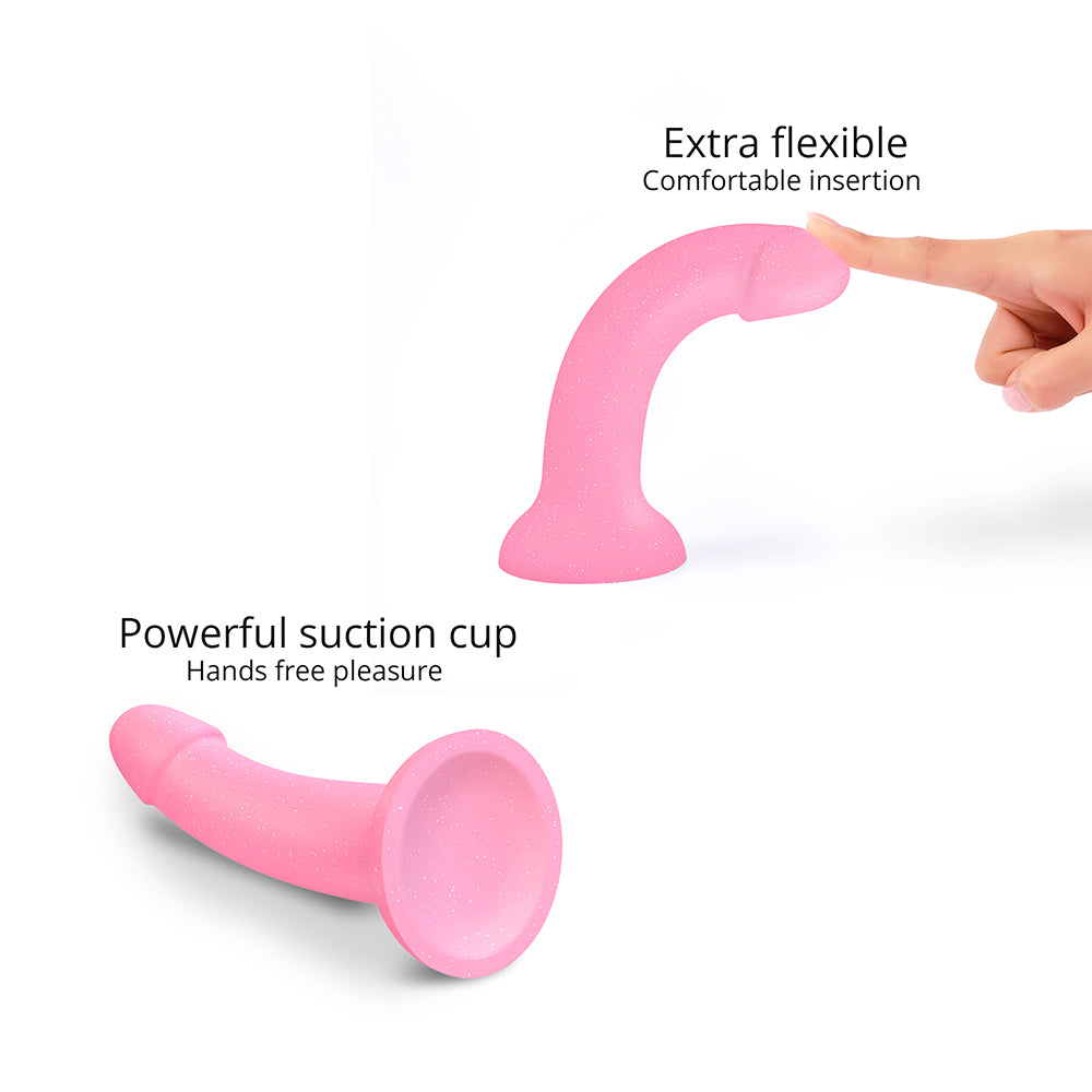 Dildolls Glitzy 7 inch Silicone Dildo Pink Glitter with extra flexibility and powerful suction cup design.