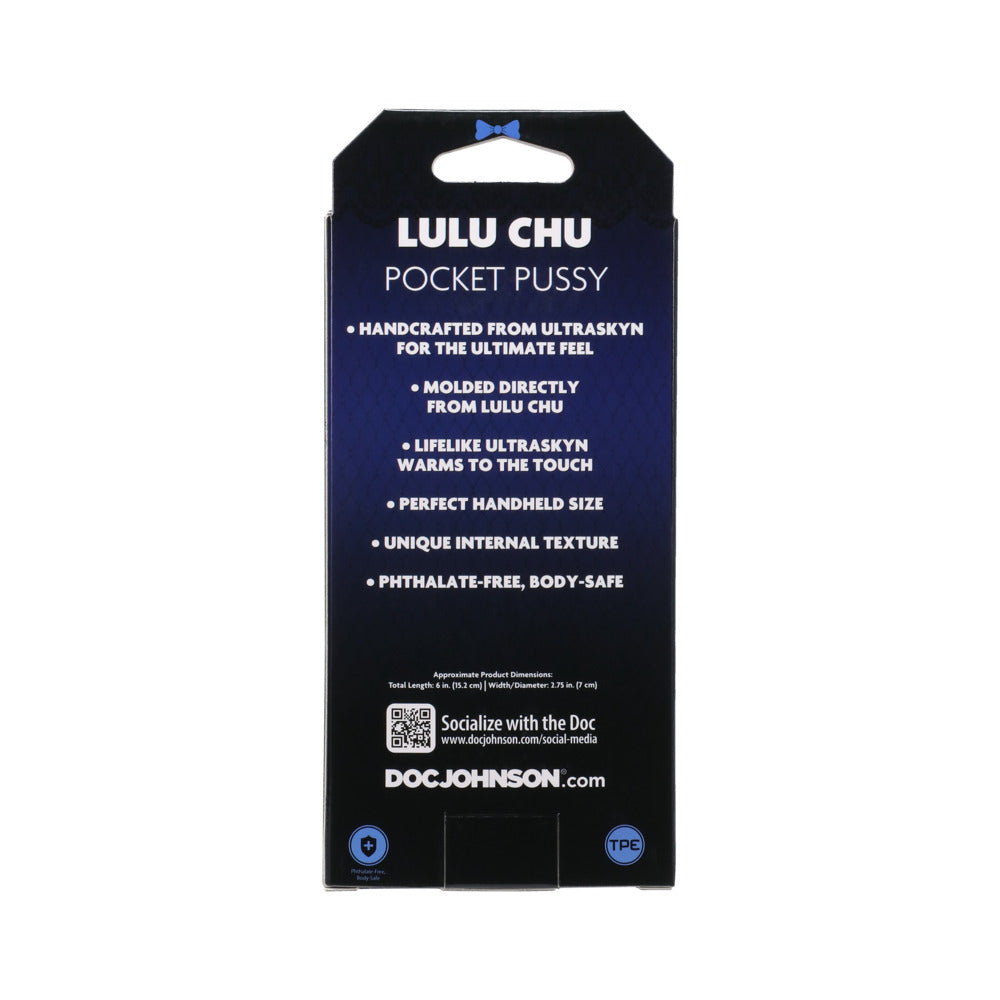 Signature Strokers Lulu Chu ULTRASKYN Pocket Pussy product packaging highlighting features and benefits.