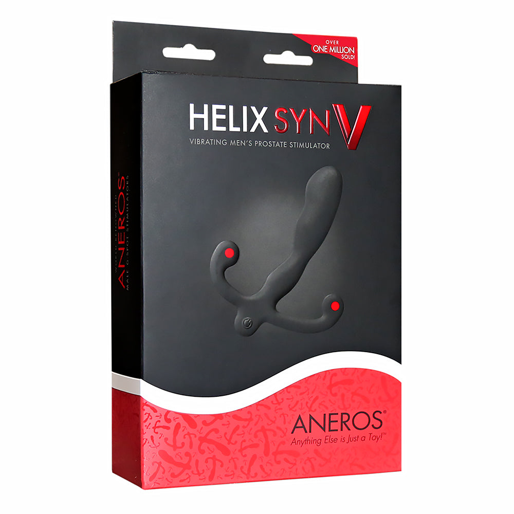 Aneros Helix Syn V Vibrating Prostate Stimulator packaging with a sleek design and promotional details.