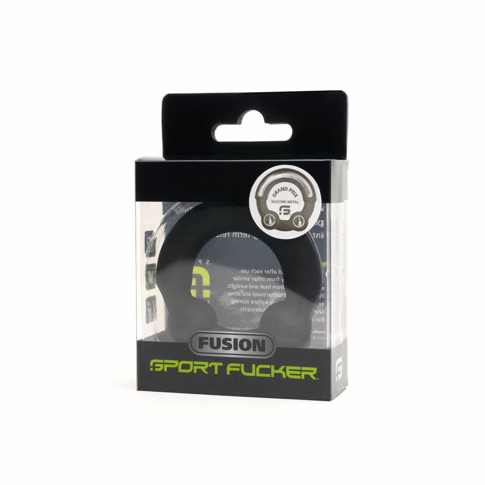 Sport Fucker Fusion Ring Grand Prix Regular Cock Ring packaged in a crystal-clear box with branding.