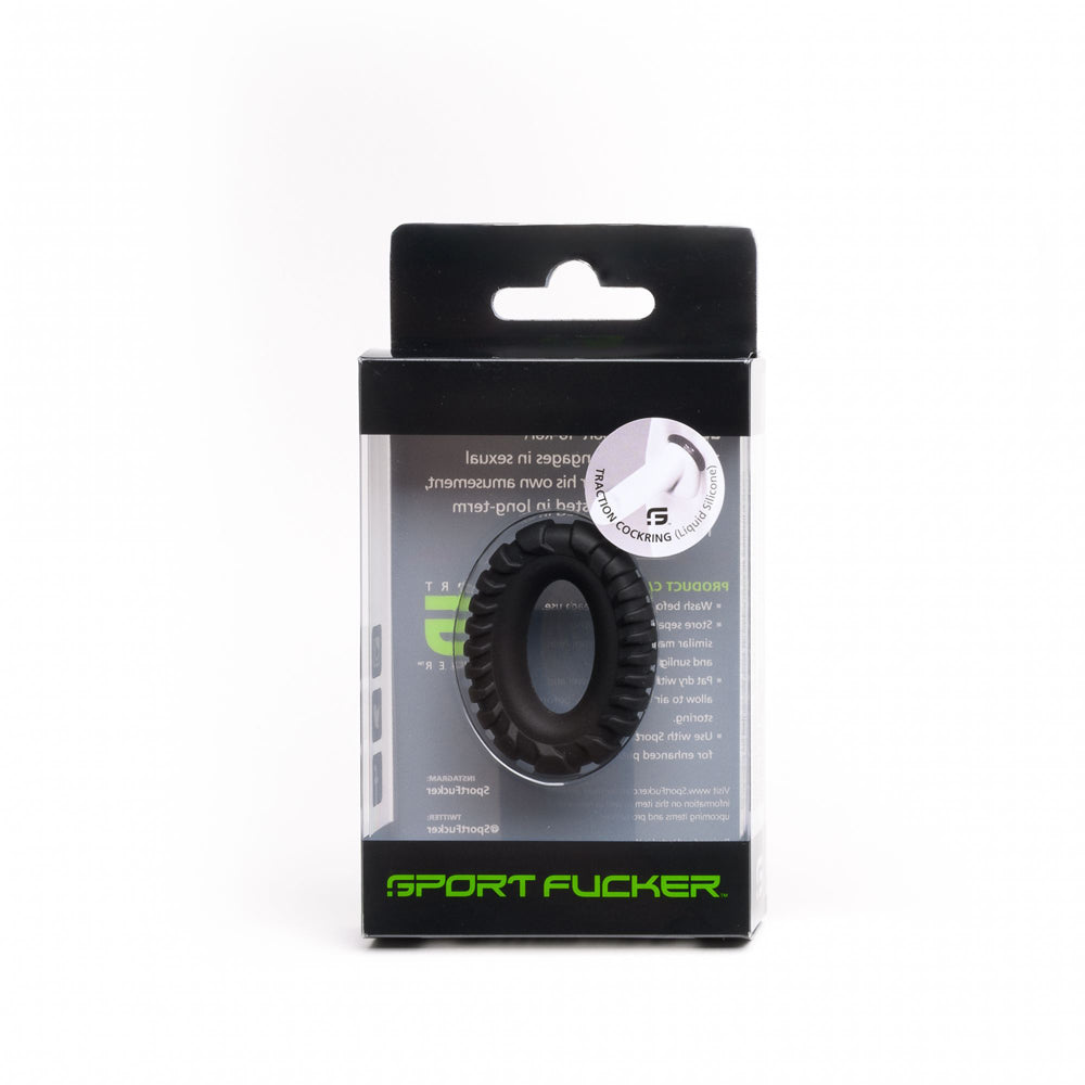 Sport Fucker Traction Ring Liquid Silicone Cock Ring in packaging, designed for comfort and endurance.