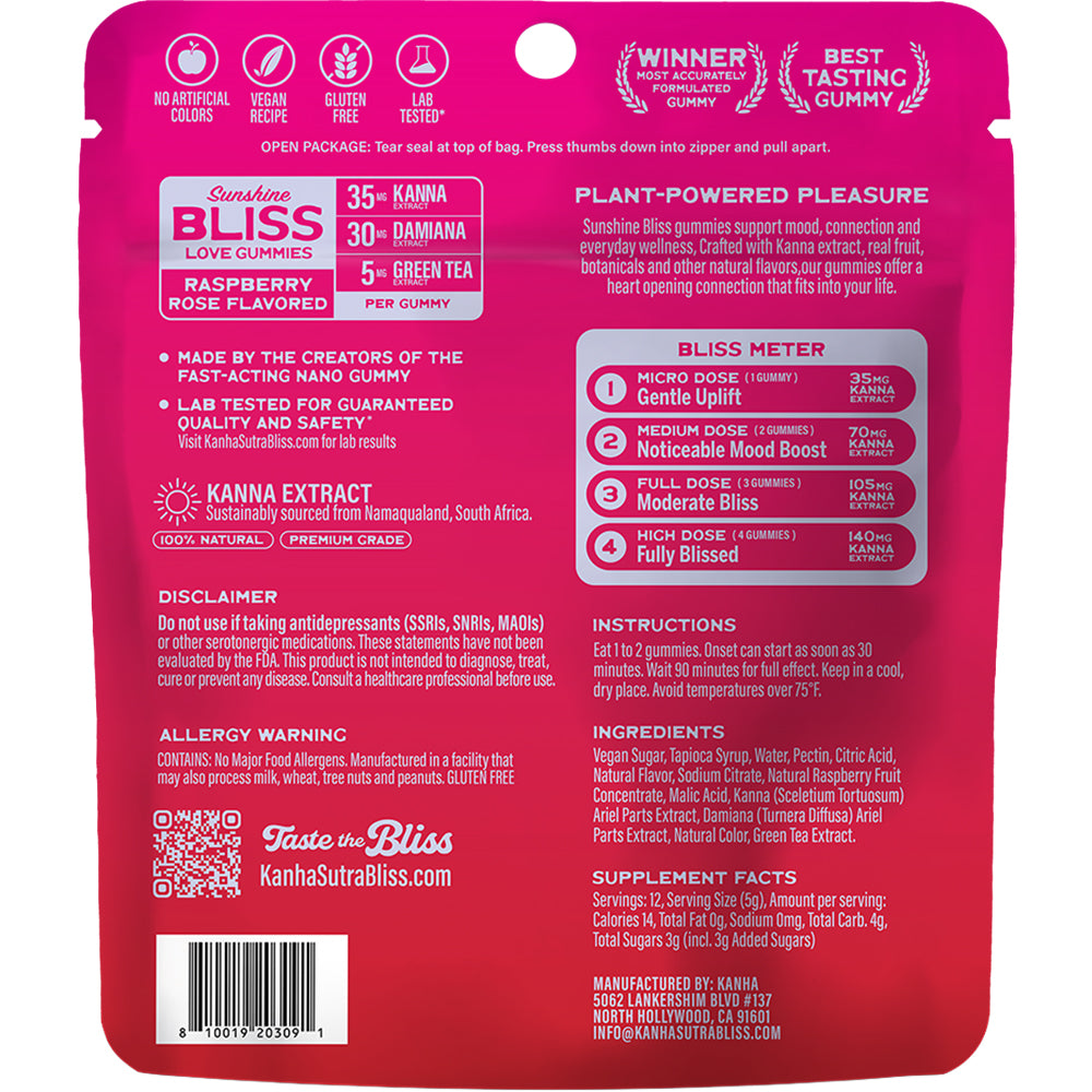 Kanha Sutra Sunshine Bliss Love Gummies 12 Pack packaging with raspberry rose flavor details and ingredients.