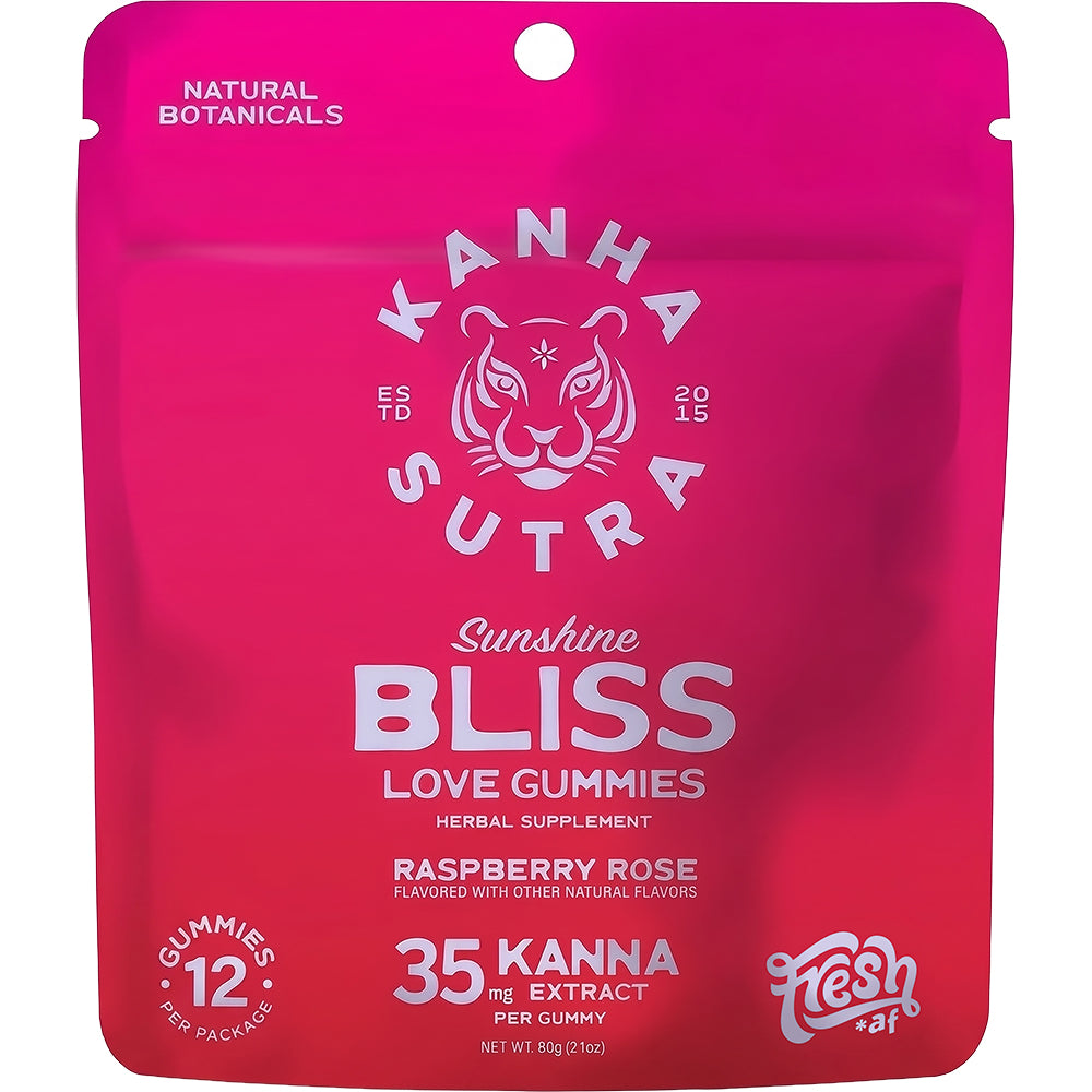 Kanha Sutra Sunshine Bliss Love Gummies 12 Pack packaging showcasing raspberry rose flavor and Kanna extract.