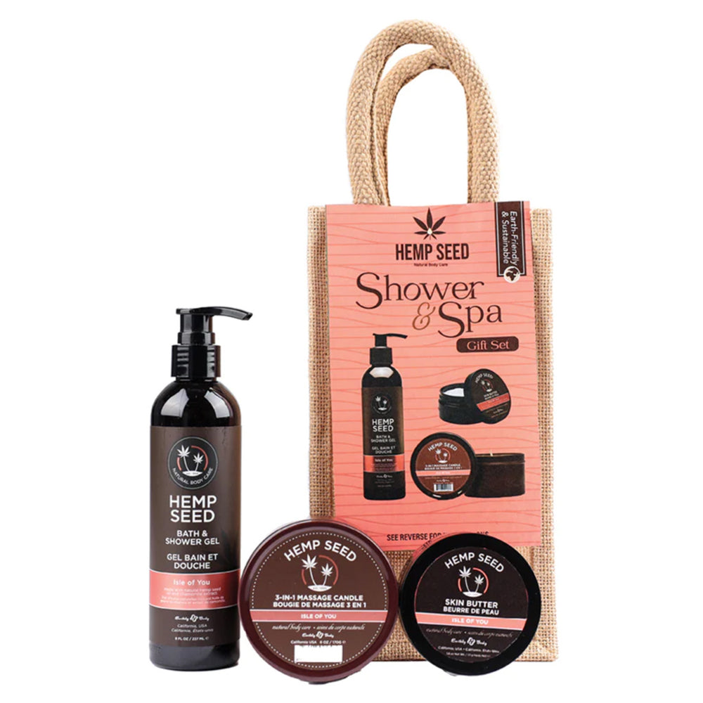 Earthly Body Hemp Seed Isle Of You Holiday Spa Gift Set with bath gel and skin butter.